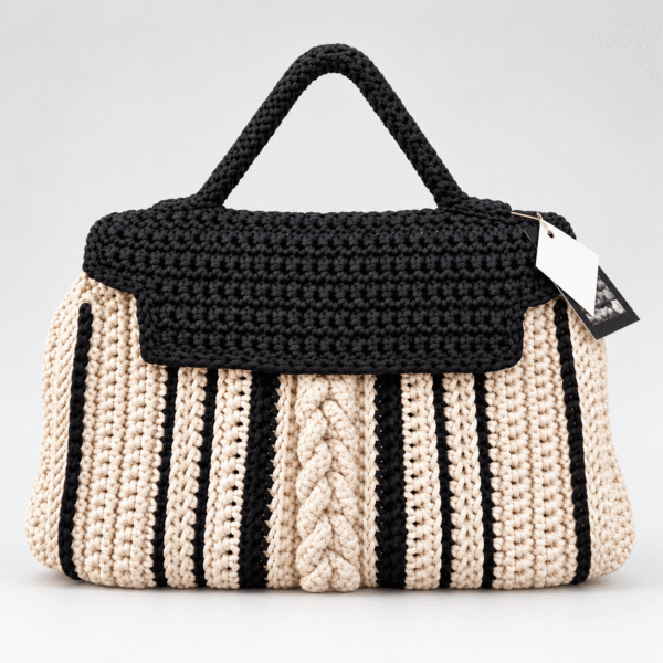 MANEVA by BY SOHA - black and ivory crochet bag on a light studio background with a soft shadow