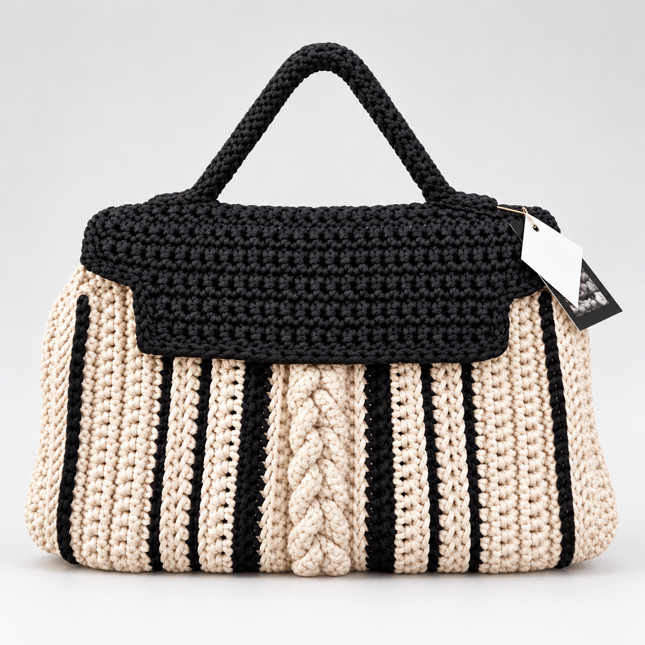 MANEVA by BY SOHA - black and ivory crochet bag on a light studio background with a soft shadow